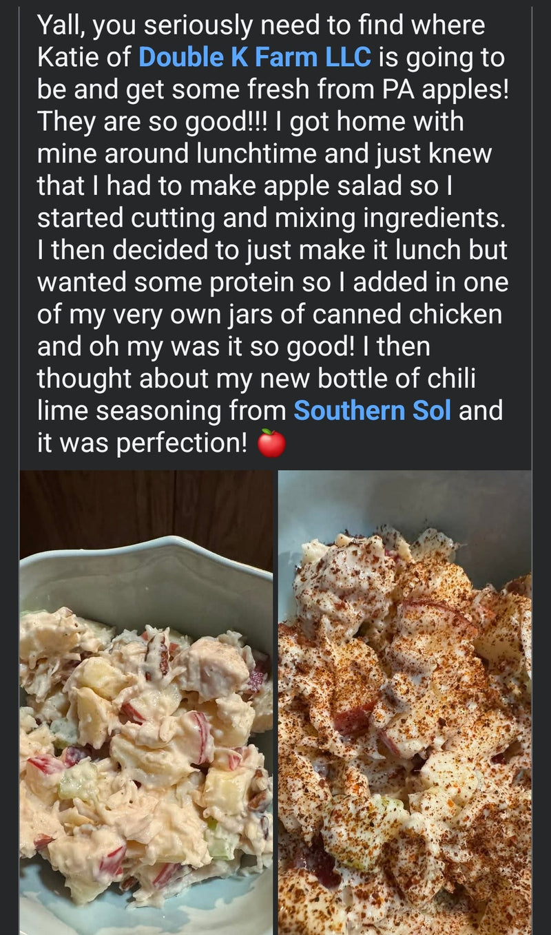 Text post with images of apple salad and a jar of seasoning on a smartphone screen.
