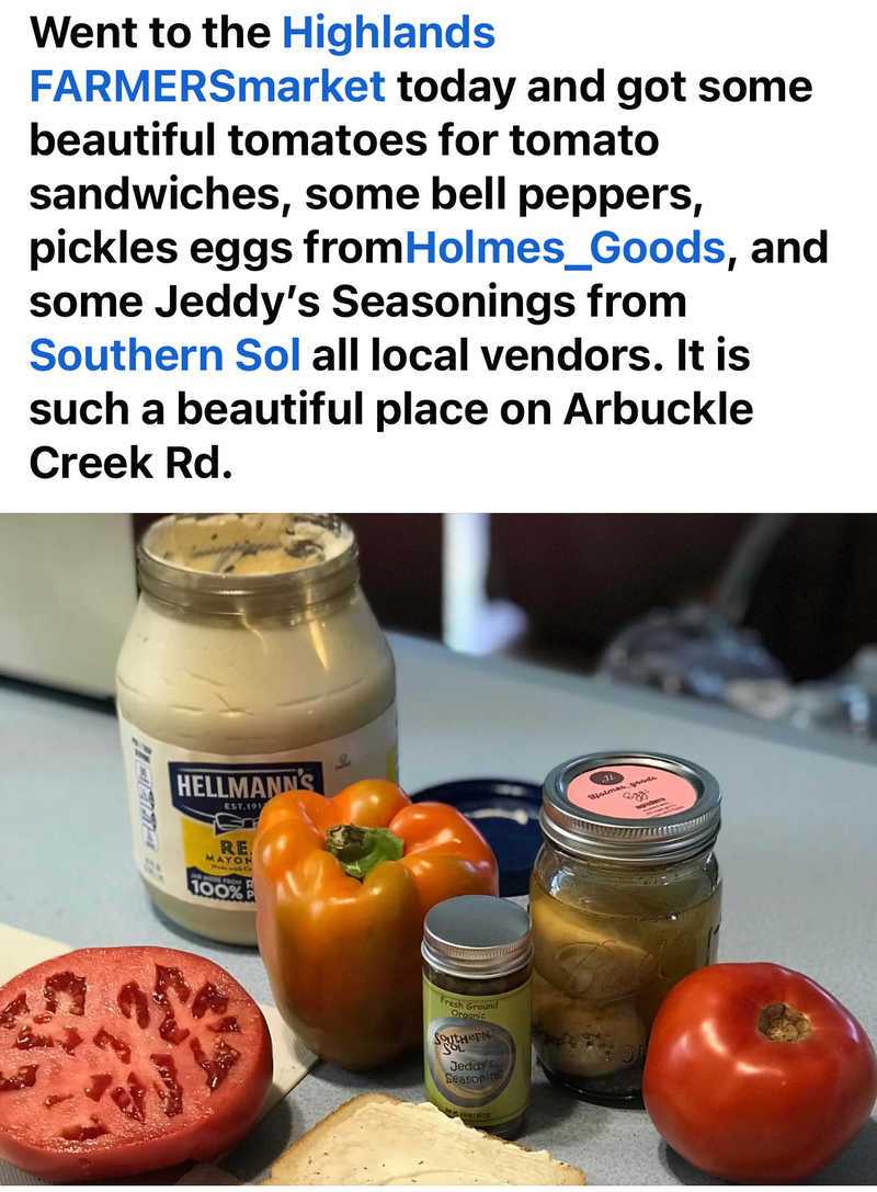 Social media post with text about visiting a farmer's market and a photo of vegetables and condiments on a table.