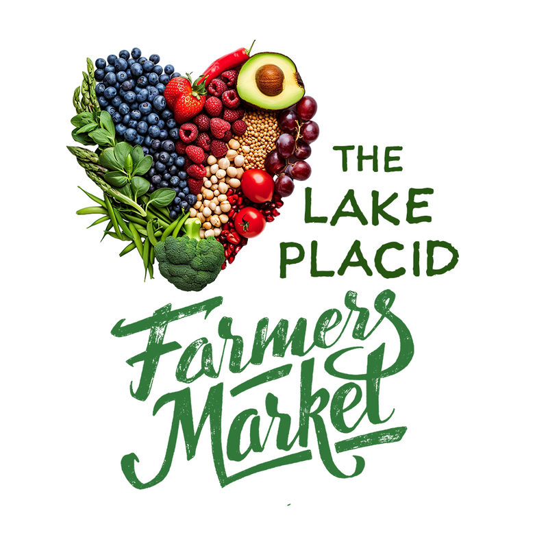 Logo for The Lake Placid Farmers Market with a heart-shaped arrangement of fruits and vegetables on a white background.