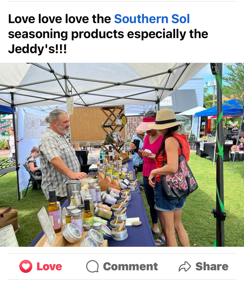 Social media post with a photo of people at an outdoor event, likely a farmers market, with a focus on Southern Sol seasoning products.