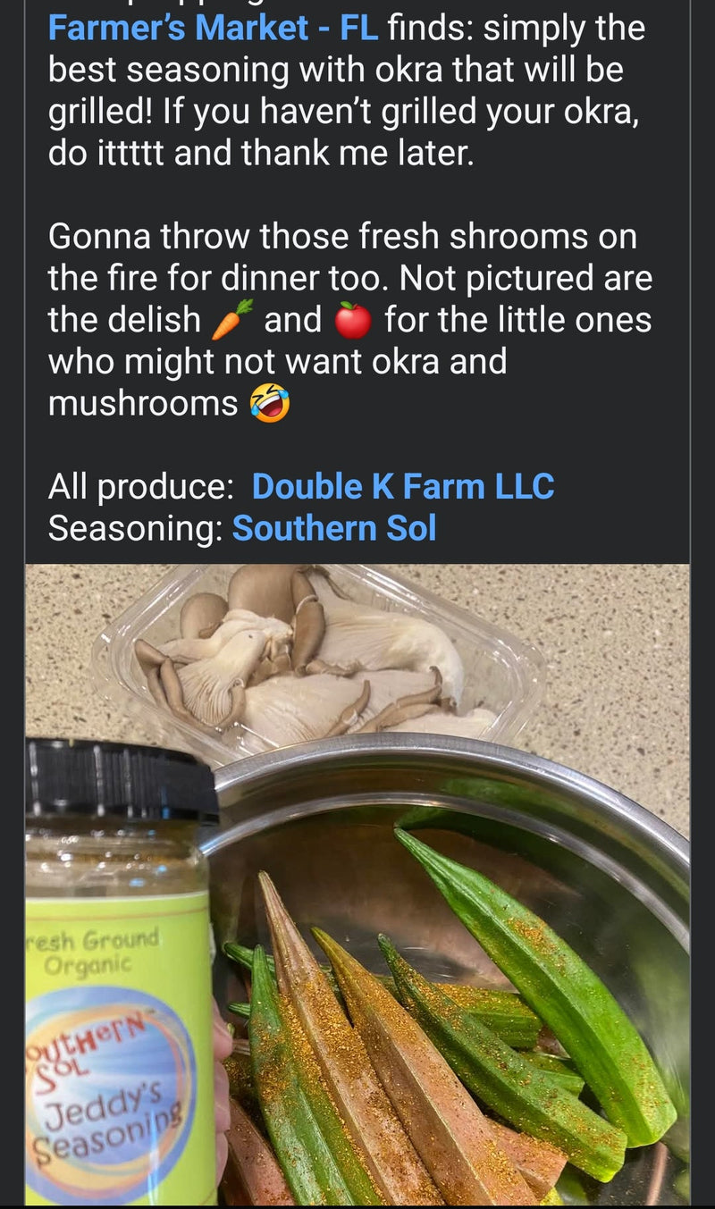 Social media post with okra, mushrooms, and seasoning on a smartphone screen